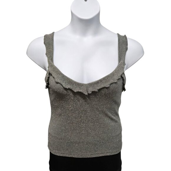 Ralph Lauren Womens Medium Metallic Grey Stretch Shelf Bra Top Ruffled Strap - Picture 1 of 8
